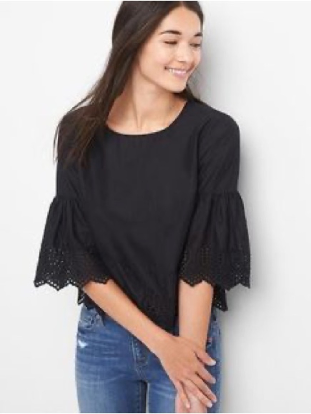 Ann Taylor Factory Eyelet Bell Sleeve Blouse in black. Size medium.